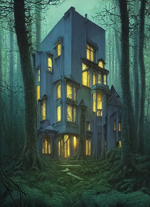 Image similar to hyper realistic witchy modern gothic house with mood lighting and tech in the woods gorgeous lighting, sunbeams blue sky, highly detailed, lush forest foliage painting by zdzisław beksinski and norman rockwell and greg rutkowski weta studio, and lucasfilm