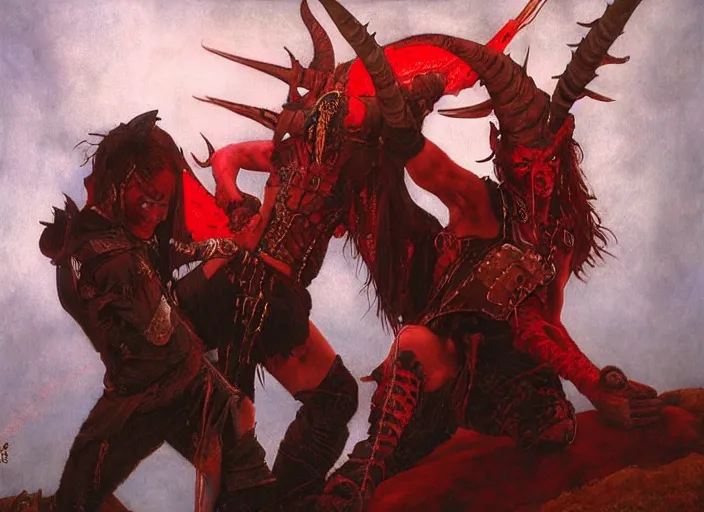 Image similar to a tiefling with brilliant red skin and horns, wearing purple. leather and spiked boots. guitar. heavy metal. edgar maxence and caravaggio and michael whelan and delacroix style, artistic, intricate painting, cinematic lighting, hyper realistic, extremely detailed, vivid colors, establishing shot, dramatic lighting