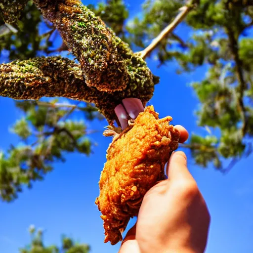 Image similar to Fried chicken nailed to a tree, high definition photography, professional