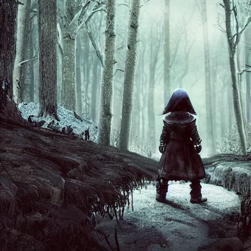 Prompt: in the long past, a alone child, alone in the darside, cold place, mother of witchers, shaodws coming, spirits in the dark, real atmosphere, forest decor