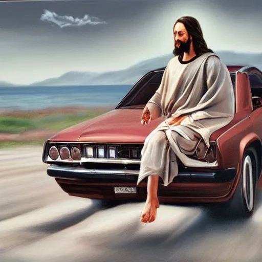 Prompt: hyperrealism painting of jesus driving a car