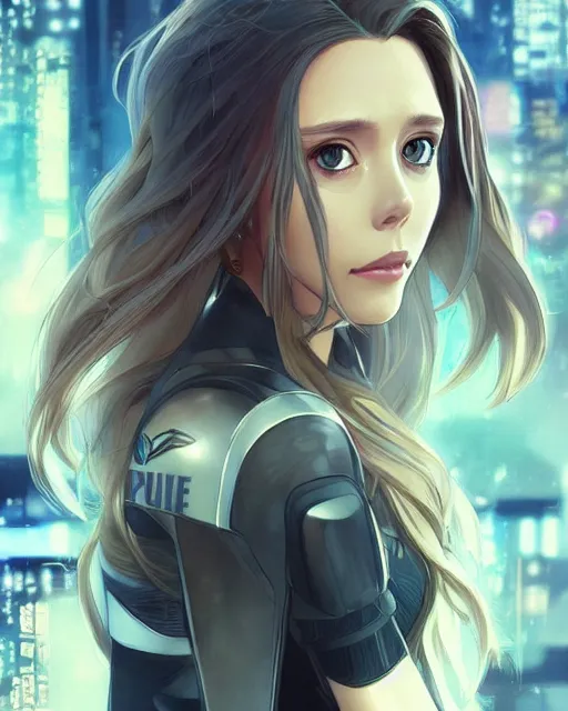 Prompt: anime key visual of elizabeth olsen police officer, cyberpunk, futuristic, perfect eyes, stunning features, very perfect face!!!, high details, digital painting, artstation, smooth face, soft focus, illustration, art by artgerm and greg rutkowski and alphonse mucha