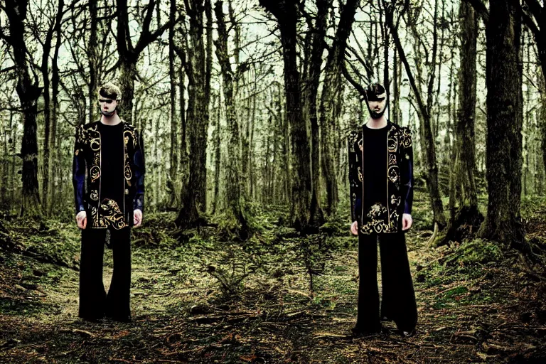 Image similar to versace avant garde male tunics intricate choatic textiles streetwear cyberpunk posing in the woods trees cloudy overcast dark late evening dramatic mysterious 3 5 mm professional