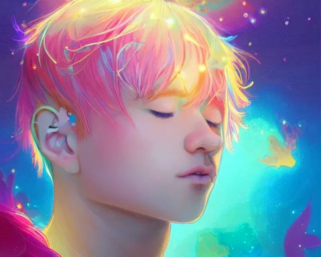 Prompt: harmony of tiny golden stars, mute, coherent, colorful crystals, fairies, pink haired teen boy jimin eyes closed, white wings, wearing greek clothes, neon rainbow lineart! by wlop, james jean, victo ngai,! sun light through skin, muted colors, highly detailed, fantasy art by craig mullins, thomas kinkade
