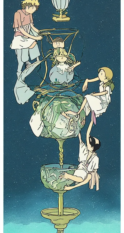 Prompt: the three of cups tarot card as drawn by studio ghibli, whole card, white frame, concept art