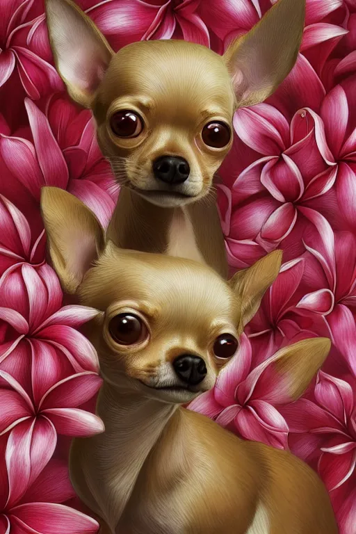 Image similar to ultra realistic illustration, portrait of a tan chihuahua plumeria tropical bouquet background, close up shot, fantasy, intricate, elegant, highly detailed, digital painting, artstation, concept art, smooth, sharp focus, illustration, surrealism