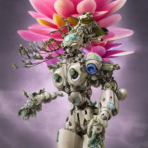 Prompt: waterlily head mobile combat suit floral rococo robot, biomechanical, waterlily mecha nymphaea, detailed illustration, concept art, smooth, sharp focus, by frank gehry, bandai macross box art