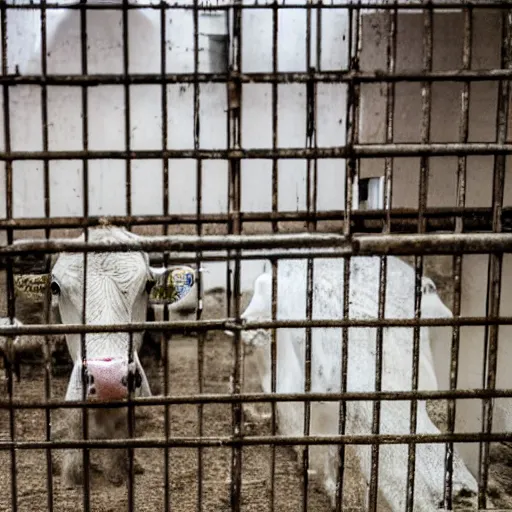 Image similar to dirty bottle of milk and a cow inside a cage, inside slaughterhouse