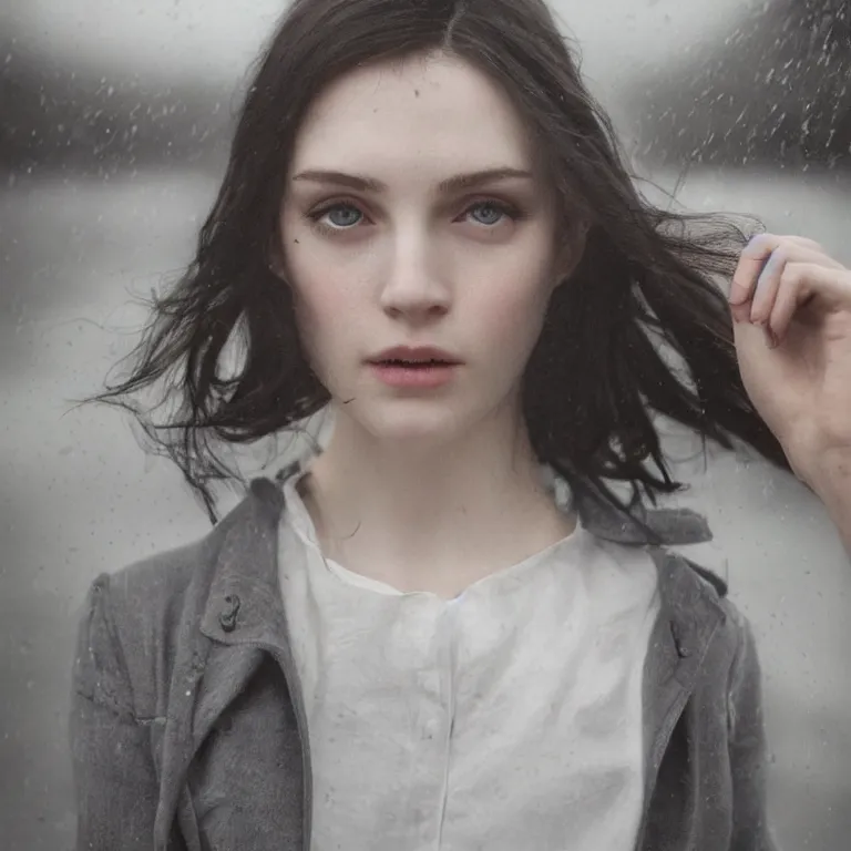 Image similar to cute emily from dishonored in a white room, beautiful face, pale skin, rule of thirds, cinematic lighting, rainy weather, melancholy atmosphere, sharp focus, backlit, stunning, model agency, smooth, hard focus, full body shot, instagram photo, shot on iphone 1 3 pro max, hyper realistic, cinematic