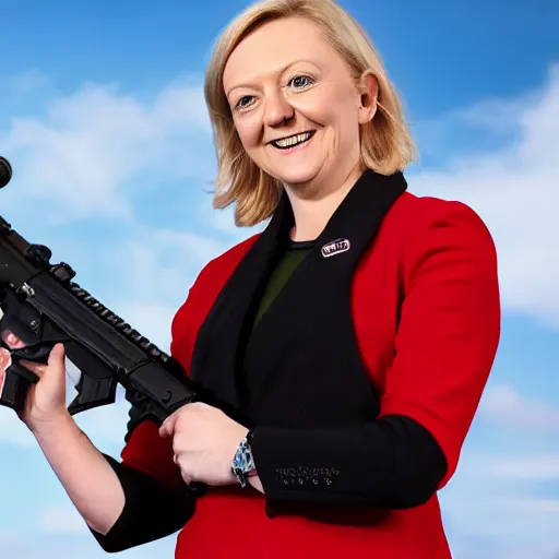 Prompt: Medium Shot photograph of Liz Truss holding an AR-15, 8k, ultrahd