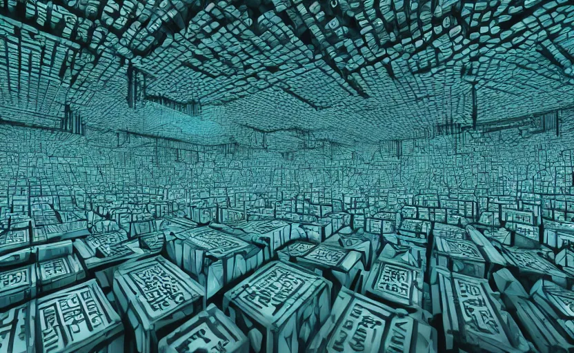 Prompt: interior of an elaborate labyrinth of runic cubes, dark teal, endless maze - like runes, ultrarealistic beautiful cinematic lighting, sharp focus, masterpiece by satoshi kon, crystal cubism, greeble, tesseract, darksynth, high definition