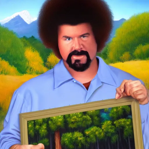 Prompt: a closeup photorealistic photograph of bob ross putting the finishing touches on a canvas painting of kenny powers. mountains and trees. film still. brightly lit scene. this 4 k hd image is trending on artstation, featured on behance, well - rendered, extra crisp, features intricate detail, epic composition and the style of unreal engine.