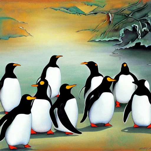 Prompt: Convention of penguins by Yoshita Amano