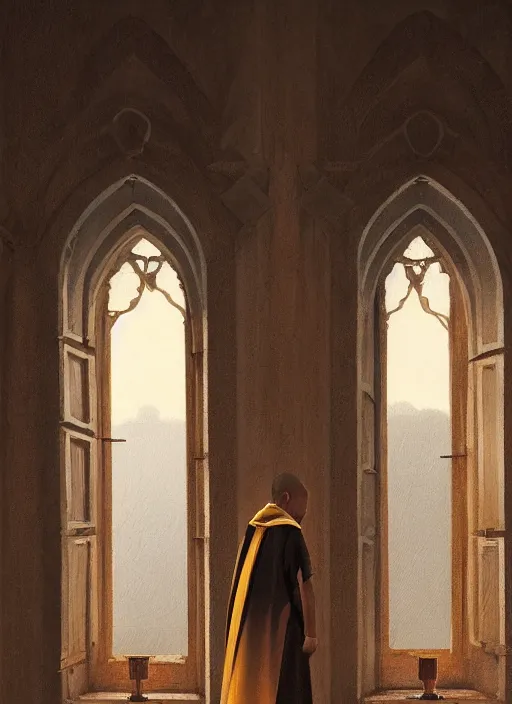 Image similar to symmetry!! oil painting of a tonsured dominican monk in brown robes, looking out of a monastery window contemplatively, a majestic cathedral in the background, digital art, artstation, cinematic, golden hour, digital art painting by greg rutkowski