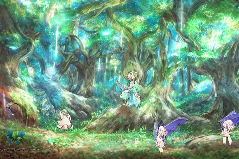 Image similar to fairy kingdom forest, cellshaded, nausicaa anime style