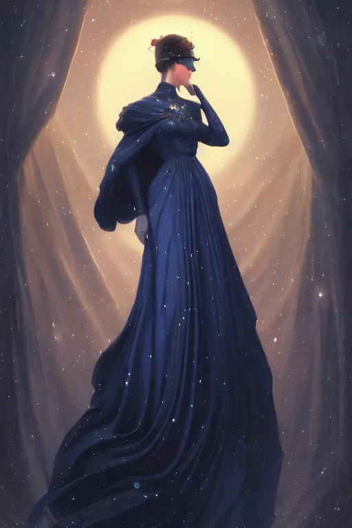 Prompt: Nocturne, glowing, stars, a long-legged elegant evil woman, highly detailed, mysterious, ethereal, dressed in midnight blue velvet, haute couture, illustration, dramatic lighting, soft details, painting, by Edmund Blair Leighton, Brom, Charlie Bowater, trending on artstation, faces by Tom Bagshaw, otto schmidt