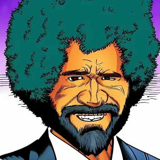 Image similar to Bob Ross as a comic book hero fighting off evil, happy, little trees, 4k, comic book cover