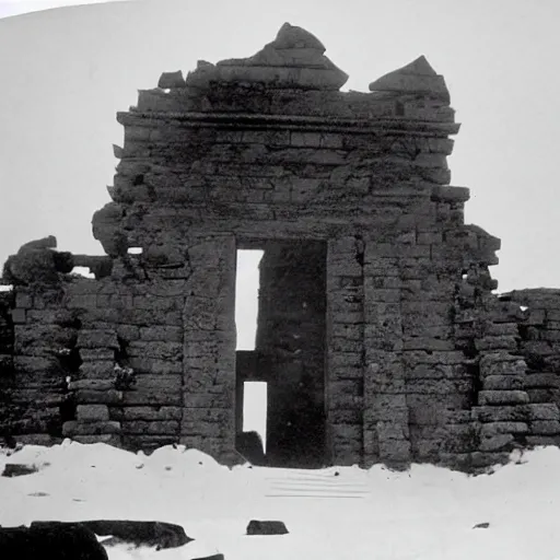 Prompt: black and white grainy newspaper photo from 1898 of an ancient ruined temple coming out of the snow in antarctica