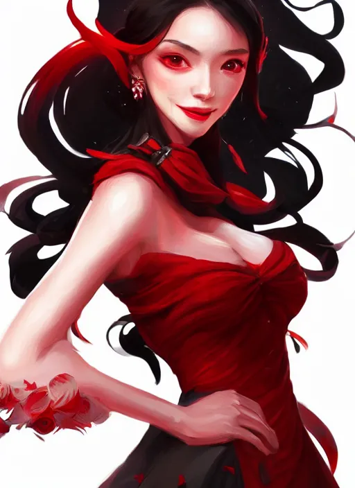 Image similar to a highly detailed illustration of hime cut black long haired woman wearing red dress, elegant smiling pose, perfect face, perfect body, intricate, elegant, highly detailed, centered, digital painting, artstation, concept art, smooth, sharp focus, league of legends concept art, wlop