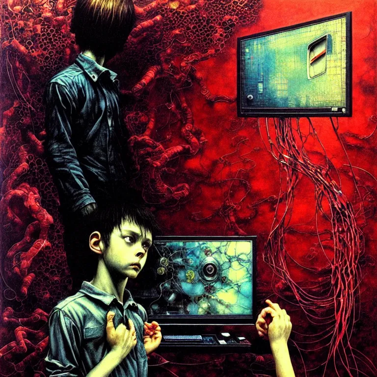 Prompt: a figure of a boy in front of a pc computer monitor in an old soviet apartment by ayami kojima, amano, karol bak, neo - gothic, gothic, rich deep colors. beksinski painting, from a movie by david cronenberg. art by takato yamamoto. masterpiece. realistic detailed image