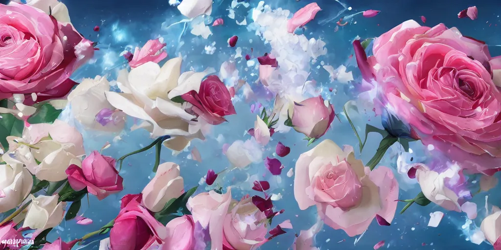 Image similar to action shot of magic invisible force blade slicing through a bouquet of white and pink roses, flowers exploding and splattering, big puffy clouds, exploding roses, large rose petals, lotus petals, large polygonal background elements, large polygons, studio ghibli anime, radiant lighting, artgerm, manga, trending on artstation, art nouveau, mature colors