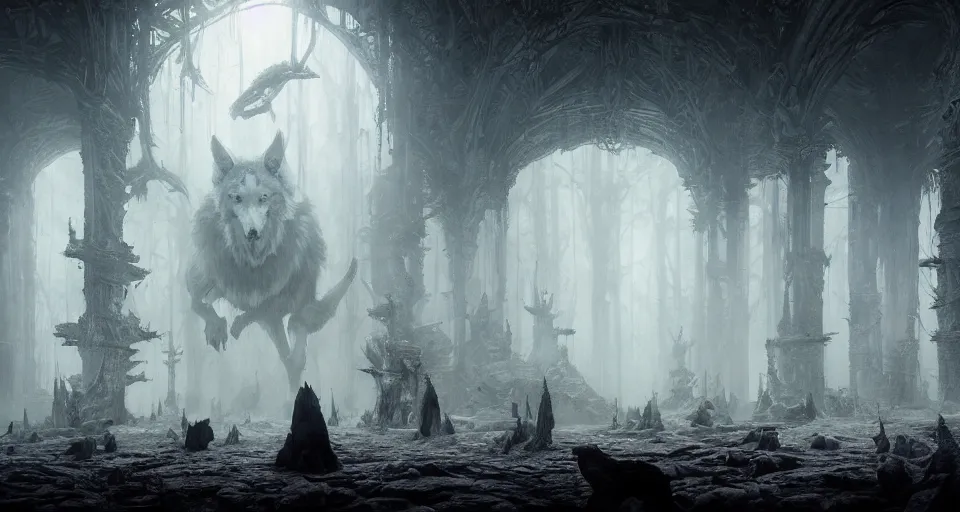 Image similar to king of the wolves - fantasy, inside the king's hall wolves and their treasures, ethereal, ominous, misty, 8 k, by h. r. giger and greg rutkowski, the last guardian by fumito ueda - elden ring