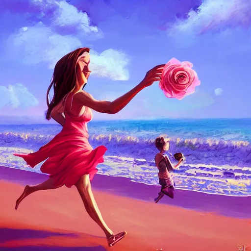 Image similar to portrait, giant rose flower head, woman running at the beach, surreal photography, sunrise, blue sky, dramatic light, impressionist painting, digital painting, artstation, simon stalenhag