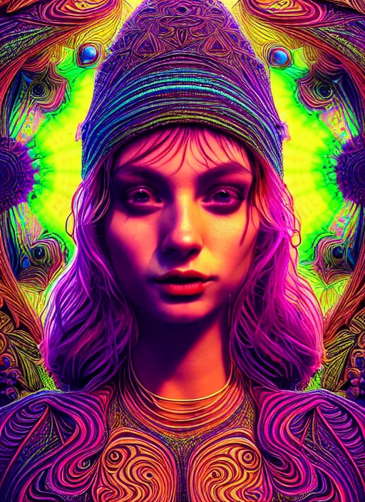 Prompt: absurdly beautiful, fashionable young woman, fourth dimension, psychedellic, ayahausca, tryptamine, hyperdetailed illustration by irakli nadar and alexandre ferra, intricate linework, unreal engine 5 highly rendered, global illumination, radiant light, detailed and intricate environment