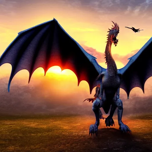 Prompt: a photorealistic alien that is a hybrid of a medieval dragon and a eagle in the sky during a sunset, ultra realistic, 4 k highly detailed