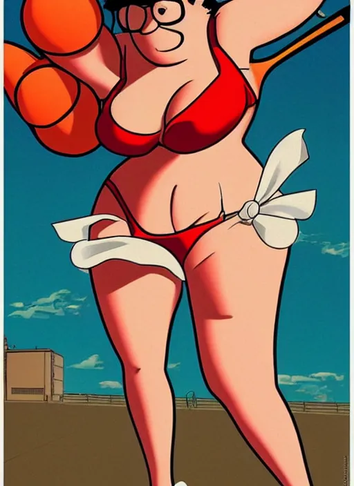 Image similar to a pin - up poster of peter griffin in the style of hajime sorayama, seductively playing tennis in a swimsuit