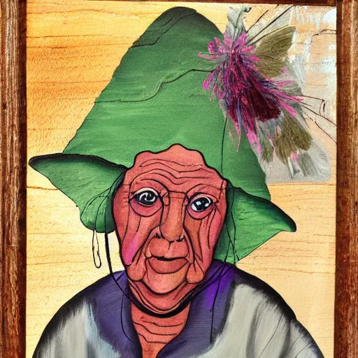 Image similar to painting of a wrinkled old woman, appalachian folk art