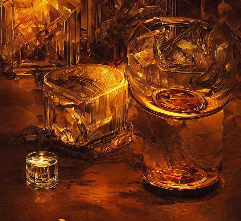 Prompt: on a wooden floor there is a crystal glass filled with whiskey and a goldfish swimming inside, close up view, dramatic lighting, DOF, caustics, soft, sharp focus, art nouveau, steampunk, intricate artwork by Raymond Swanland and Greg Rutkowski and Lucas Staniec