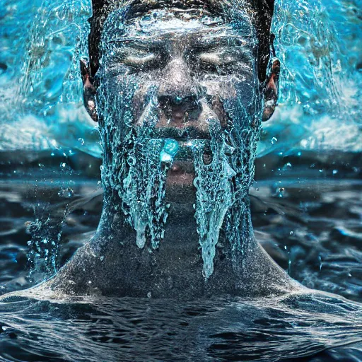 Image similar to water artwork manipulation in the shape of a human head, on the ocean water, ray tracing, realistic water sharp focus, long shot, 8 k resolution, cinematic, amazing water art