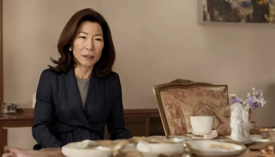 Image similar to michelle yeoh as evelyn wang from everything everywhere all at once ( 2 0 2 2 ), directed by'daniels ', cinematography by larkin seiple, movie still