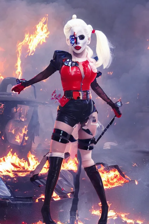 Prompt: lady gaga dressed as harley quinn, standing at a burning police car, highly detailed, wide shot, intricate, cute, mystical, sharp focus, Trending on news station HQ, unreal engine 5, 4K UHD image