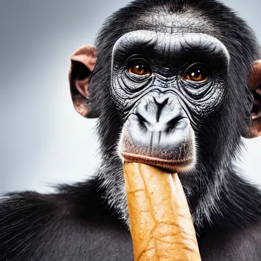 Prompt: a high detail closeup shot of a chimp wearing a suit and smoking a cigar