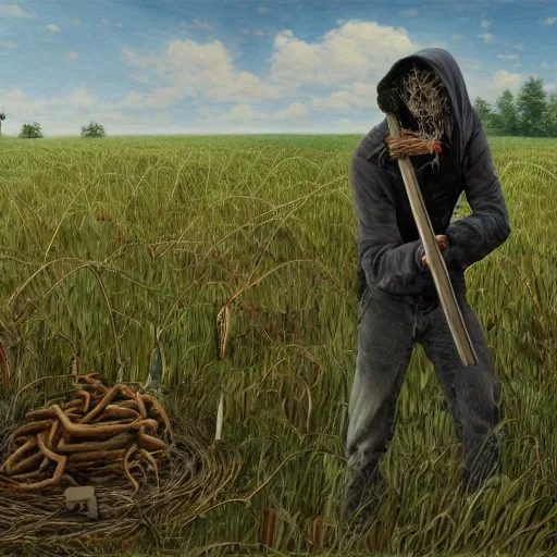 Image similar to death with a scythe takes its harvest in the field, ultrarealistic, photorealism, high quality, ultra detailed, 16k,