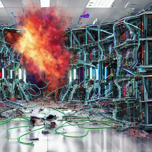 Image similar to diverse groups of humans destroying the supercomputers inside, breaking circuits, smashed, fire, smoke, from behind, rebirth, beauty, wide angle, elaborate, wet, highly detailed, colors, beautiful lighting