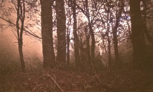 Prompt: creature far away looking at camera in forest at night, colorized 70s photo, out of focus, motion blur, cctv footage, horror movie, horror lighting, blair witch project, old photo