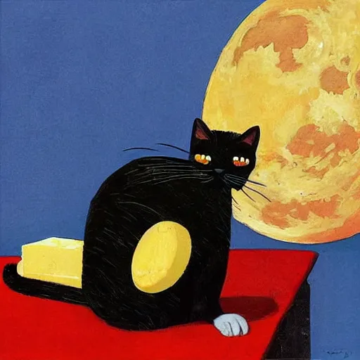 Prompt: “ a cat sitting on the moon made of cheese, bright color, by coby whitmore ”