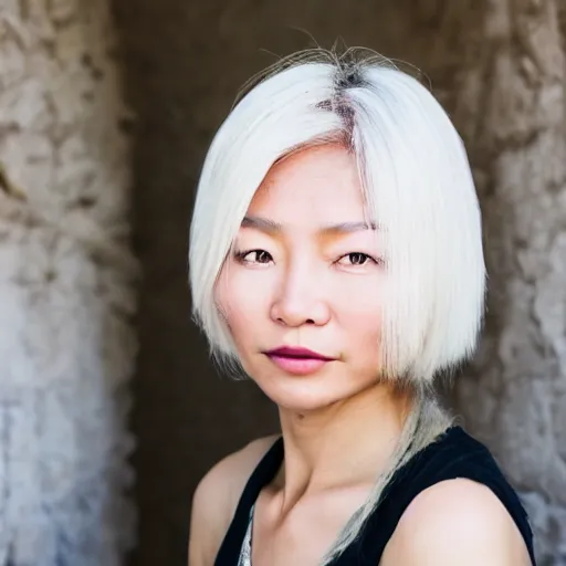 Prompt: a portrait of a Eurasian woman from Kyrgyzstan. 34 years old. Platinum blond hair color. Bob hair style