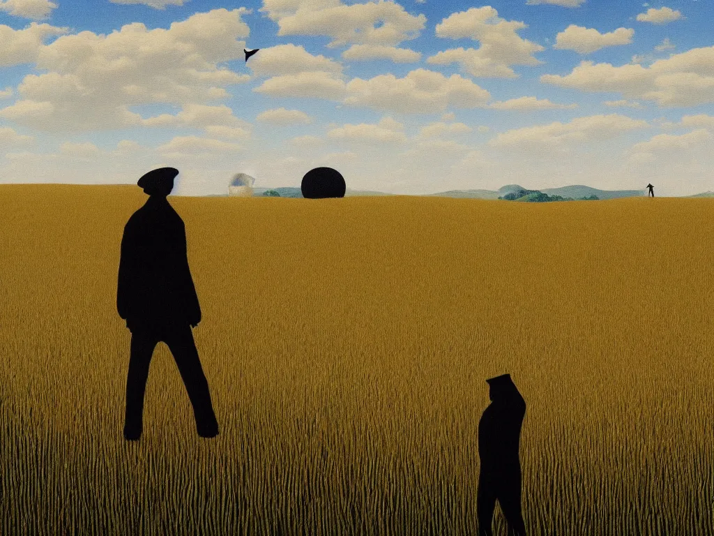 Image similar to a painting of a lonely figure walking away in a wheat field with planet circles above the horizon on a bright noon, minimalistic, sharp edges, elegant, highly detailed, digital painting, artstation, concept art, smooth, sharp focus, colored illustration for tattoo, art by krenz cushart and rene magritte and david inshaw,