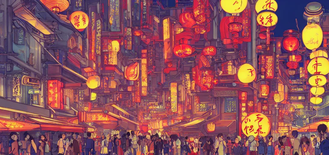 Prompt: anime illustration of neo tokyo with red chinese lamps, studio ghibli, vibrant, flat colours, ultradetailed, artstation, 4 k