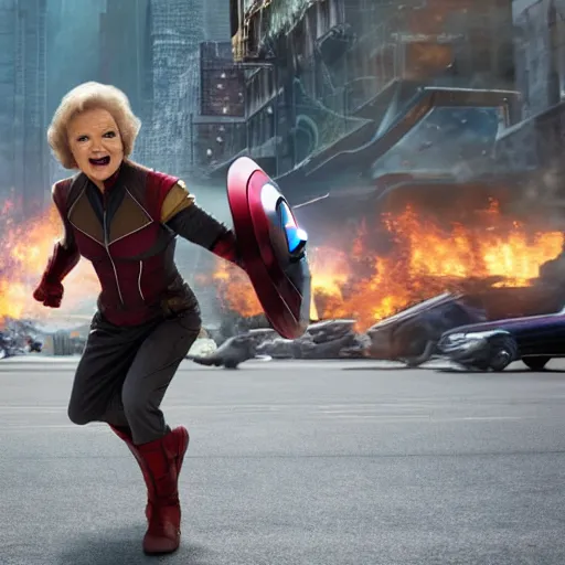 Prompt: Avengers Movie with Betty White as the HULK, action sequence, action shot, fluid, kinetic, frenetic, grandmotherly, 8K, 4K, action shot, movie still, cinematic