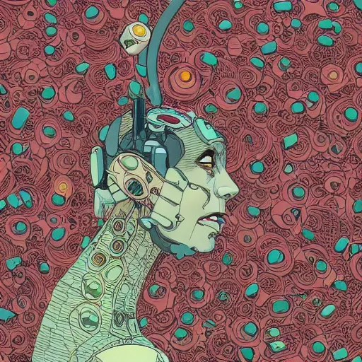 Prompt: hyper detailed comic illustration of a beautiful flower growing inside an abandoned robot\'s head, by Josan Gonzalez and Geof Darrow, highly detailed, 8k wallpaper