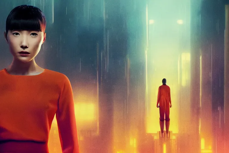 Prompt: a still from the film bladerunner 2 0 4 9 depicting haruka abe wearing an orange prison jumpsuit. behind her a gigantic holographic face can be seen. sci fi, futuristic,