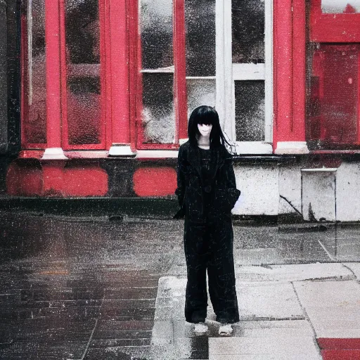 Image similar to a pale emo girl, messy black / red hair, british street background, overcast weather, 2 0 0 6