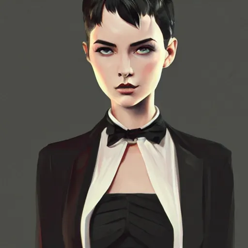 Image similar to girl in tuxedo with black chaotic wavy short haircut, elegant, 2d, ultra highly detailed, digital painting, smooth, sharp focus, artstation, art by Ilya Kuvshinov