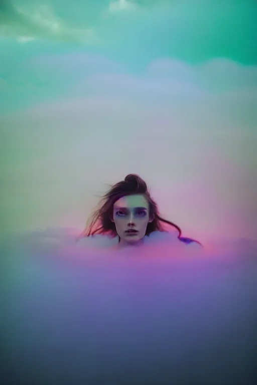 Image similar to high quality pastel coloured film close up wide angle photograph of a model wearing clothing swimming on cloud furniture in a icelandic black rock!! environment in a partially haze filled dreamstate world. three point light, rainbow. photographic production. art directed. pastel colours. volumetric clouds. pastel gradient overlay. waves glitch artefacts. extreme facial clarity. 8 k. filmic.