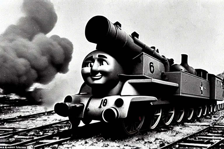 Image similar to WW2 era photograph, the face of Thomas the tank engine attached to a 800mm German super-heavy-mortar with a huge gun barrel firing a shot upwards, there are german soldiers running around, grainy, high detail